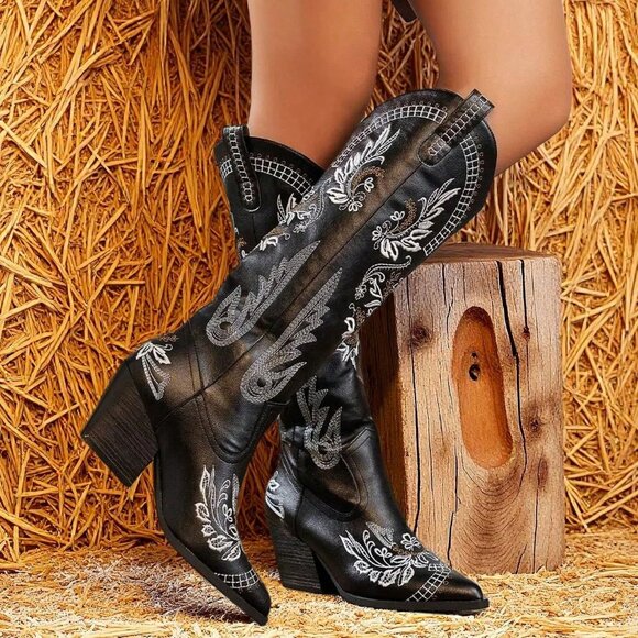 Black Western Women's Cowgirl Boots Pointed Toe Embroidered Thick Heels Knee Hig - Picture 2 of 7